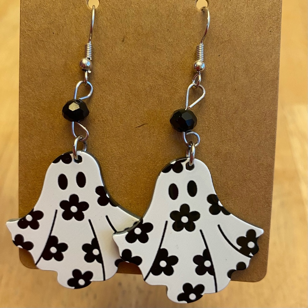 Hand Crafted Floral Ghost Beaded Dangle Earrings